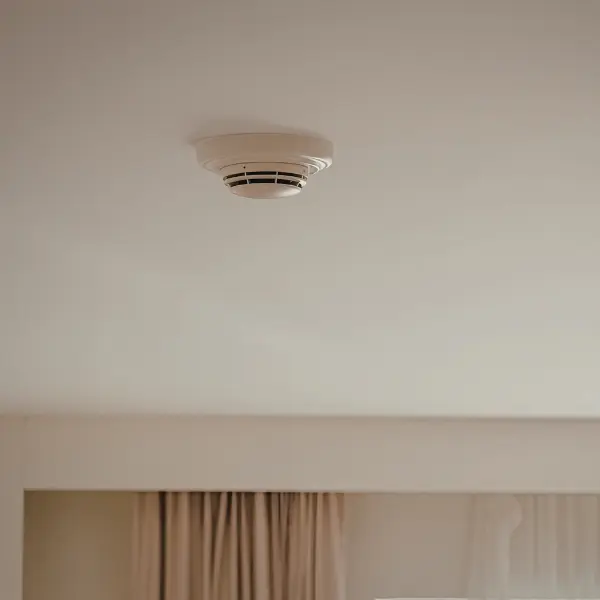 Ceiling-mounted smoke detector in a room.